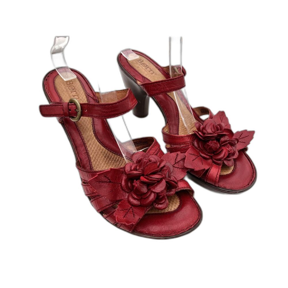 Born Red Leather Floral Rosette Heeled Sandals Women's 10.5 Ankle Strap - Picture 10 of 12
